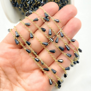 Coated Black Spinel Drop Dangle Gold Plated 925 Sterling Silver Wire Chain